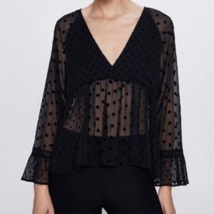 ZARA Black Sheer Velvet Polka Dot V Neck Plunge Bell Sleeve Blouse Swiss Dot Top